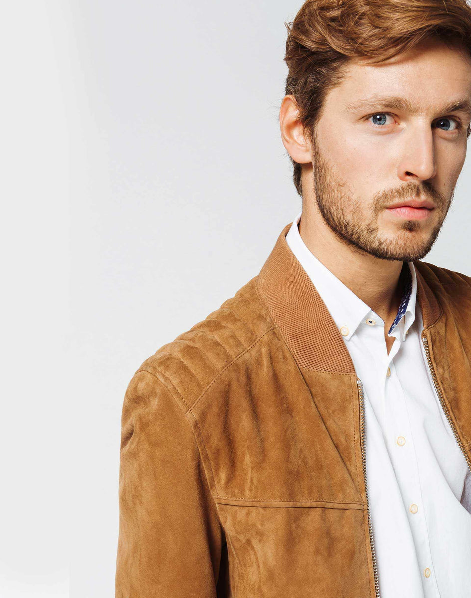 Camel suede store bomber jacket