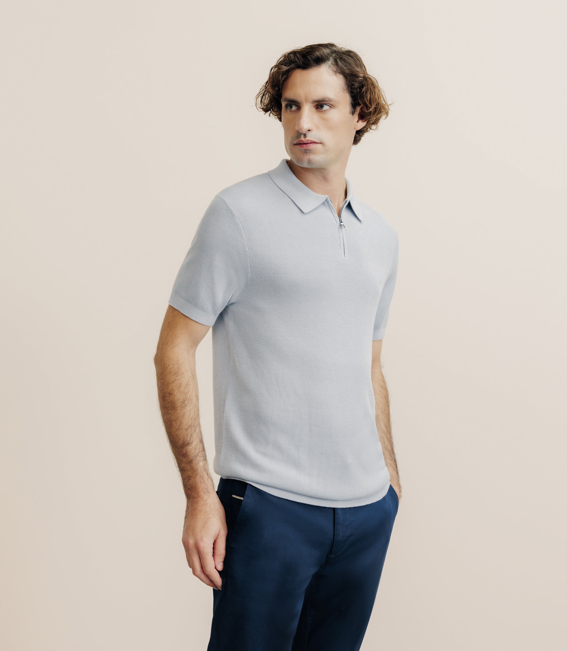 Polo col zip gris bleu