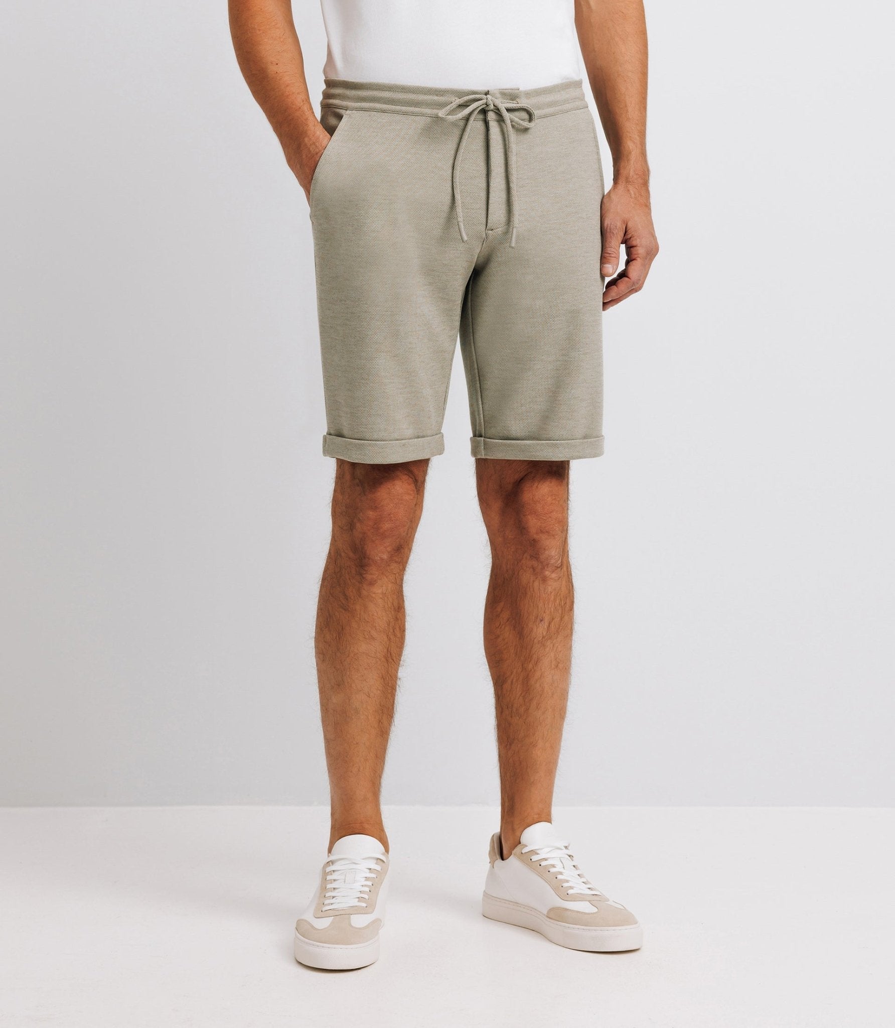 Light khaki stretch cotton Bermuda shorts