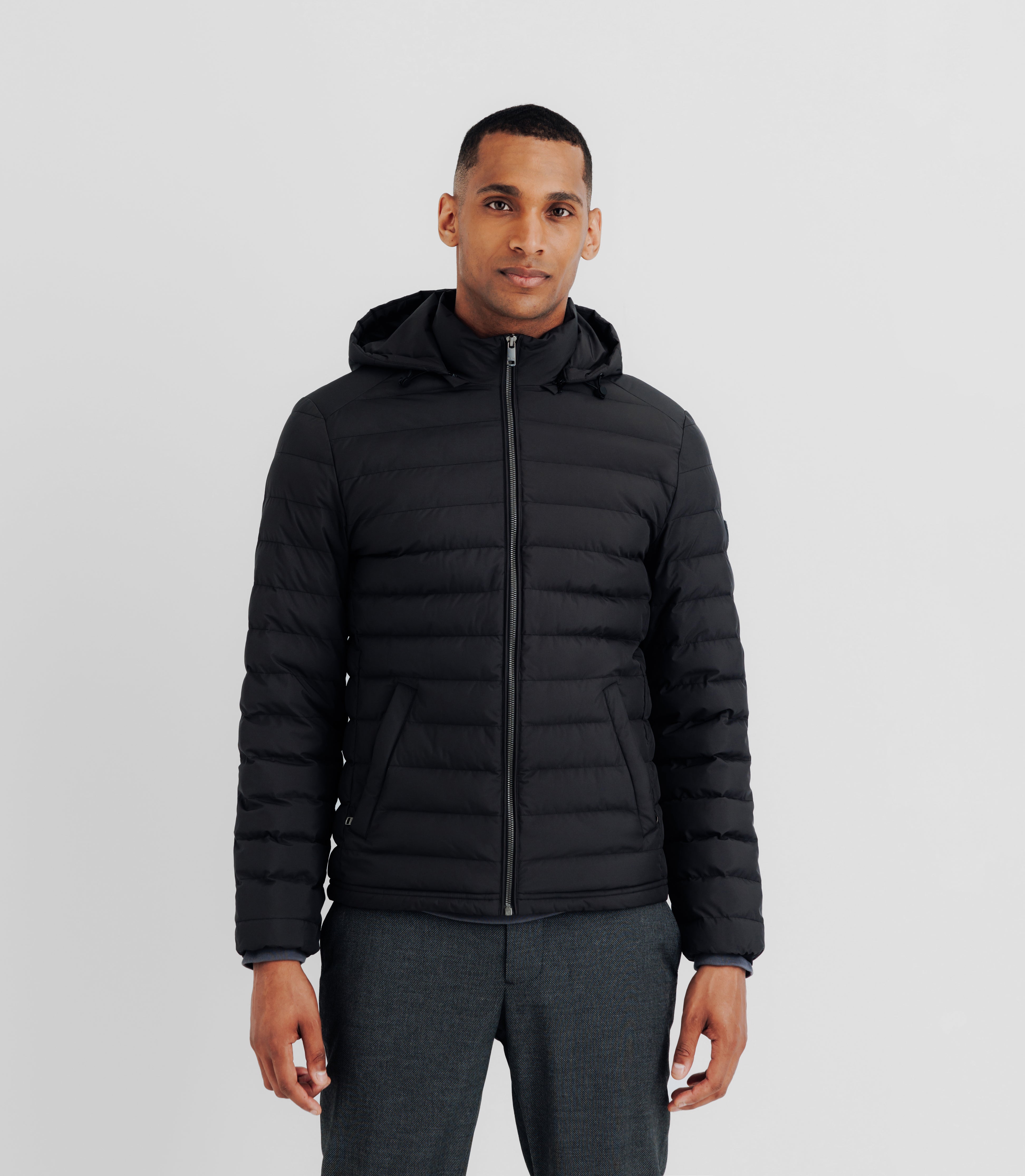 Down jacket with black removable hood