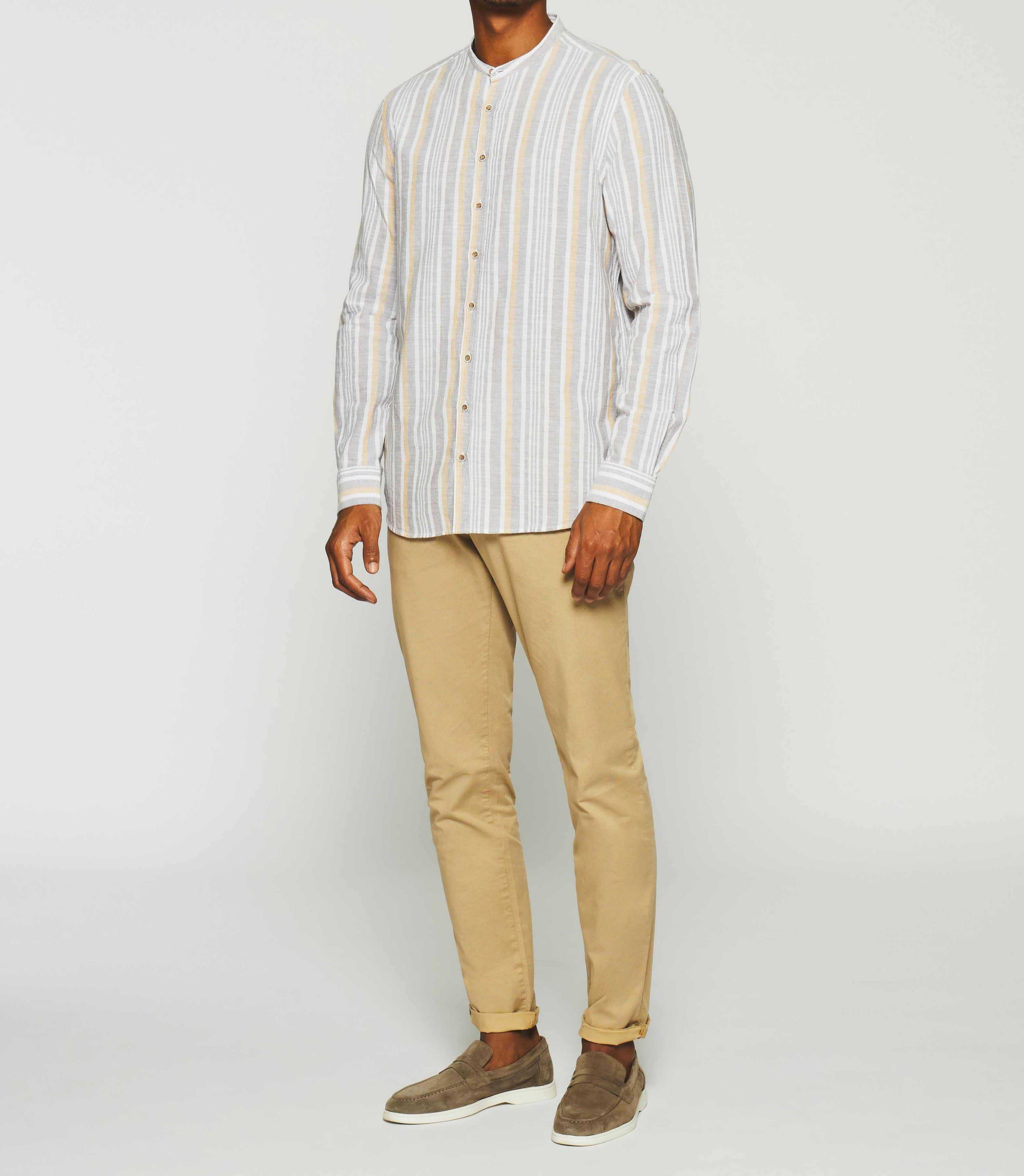 Striped linen shirt mao collar camel KABOSA