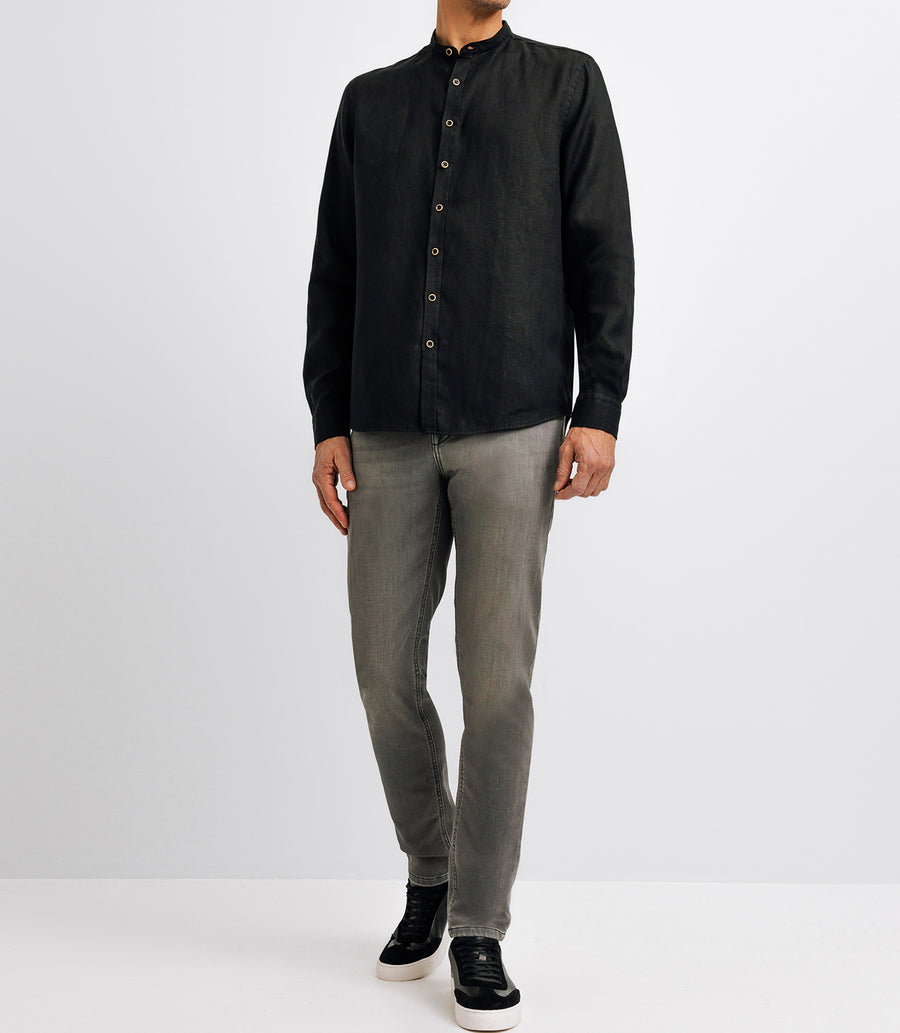 Linen shirt Mao collar black KAFLEUR