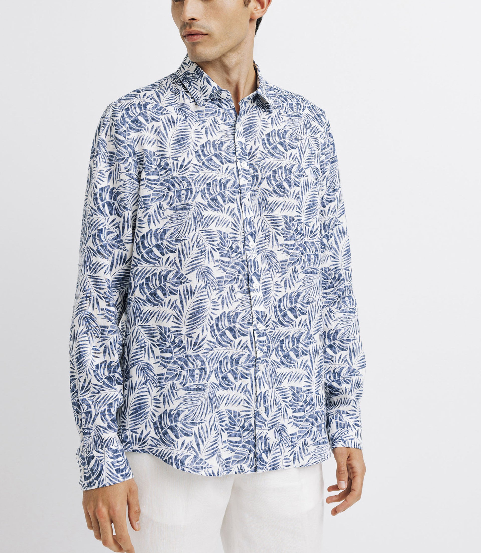 Chemise casual en lin imprimée bleue