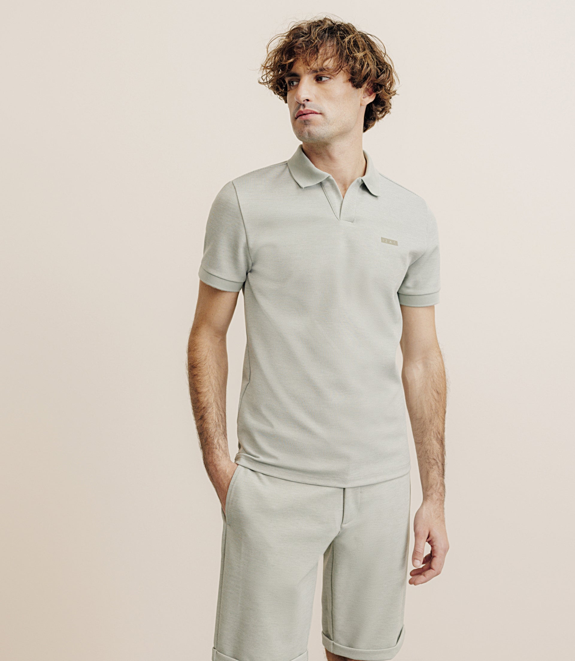 Khaki open-neck polo shirt