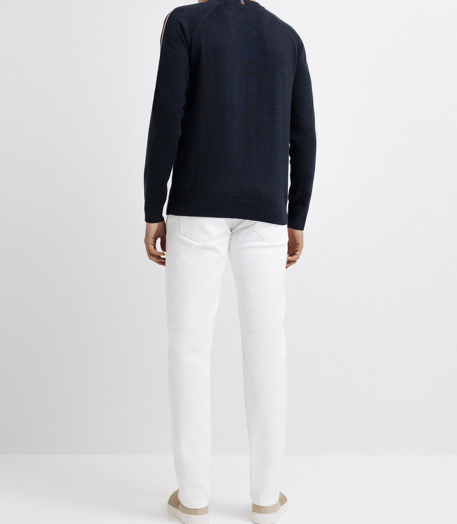 Round neck sweater with tricolor marine band