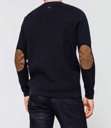 Navy sweater with suede elbow patches