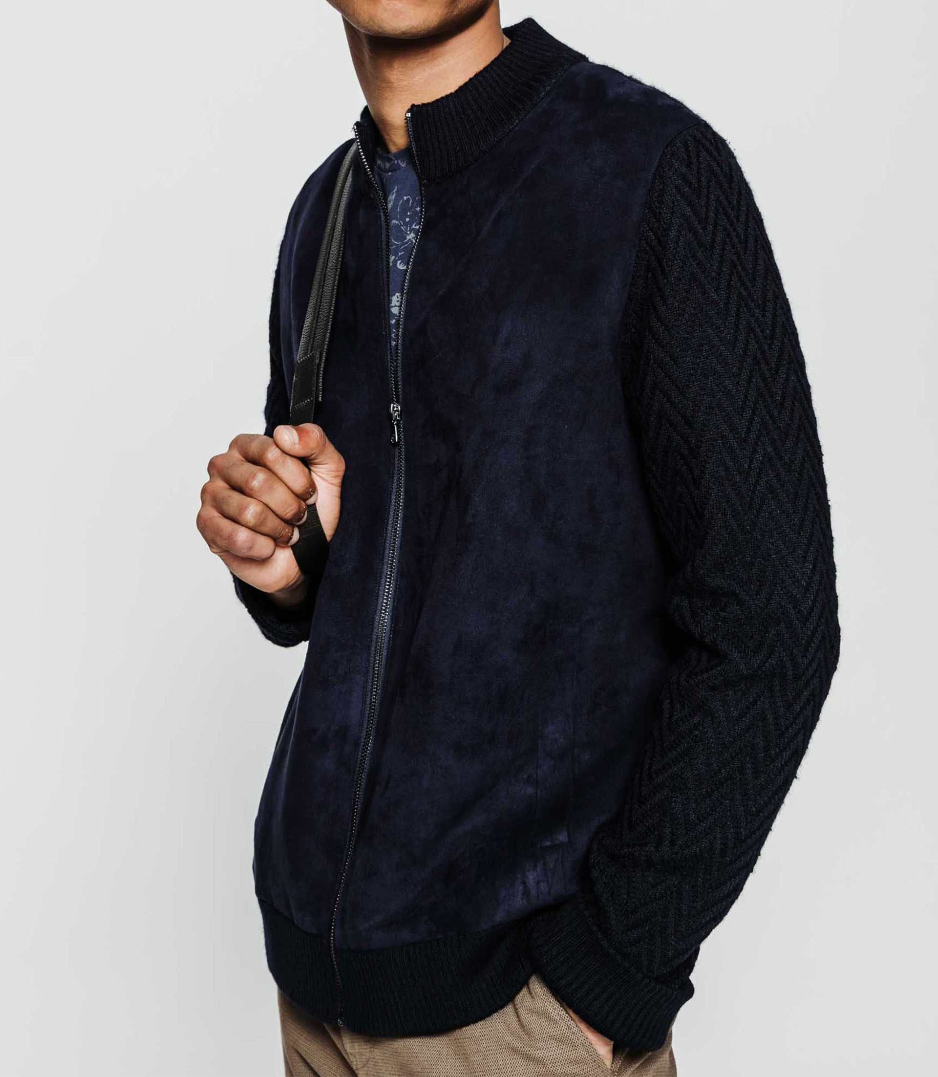 Navy knit and suede jacket