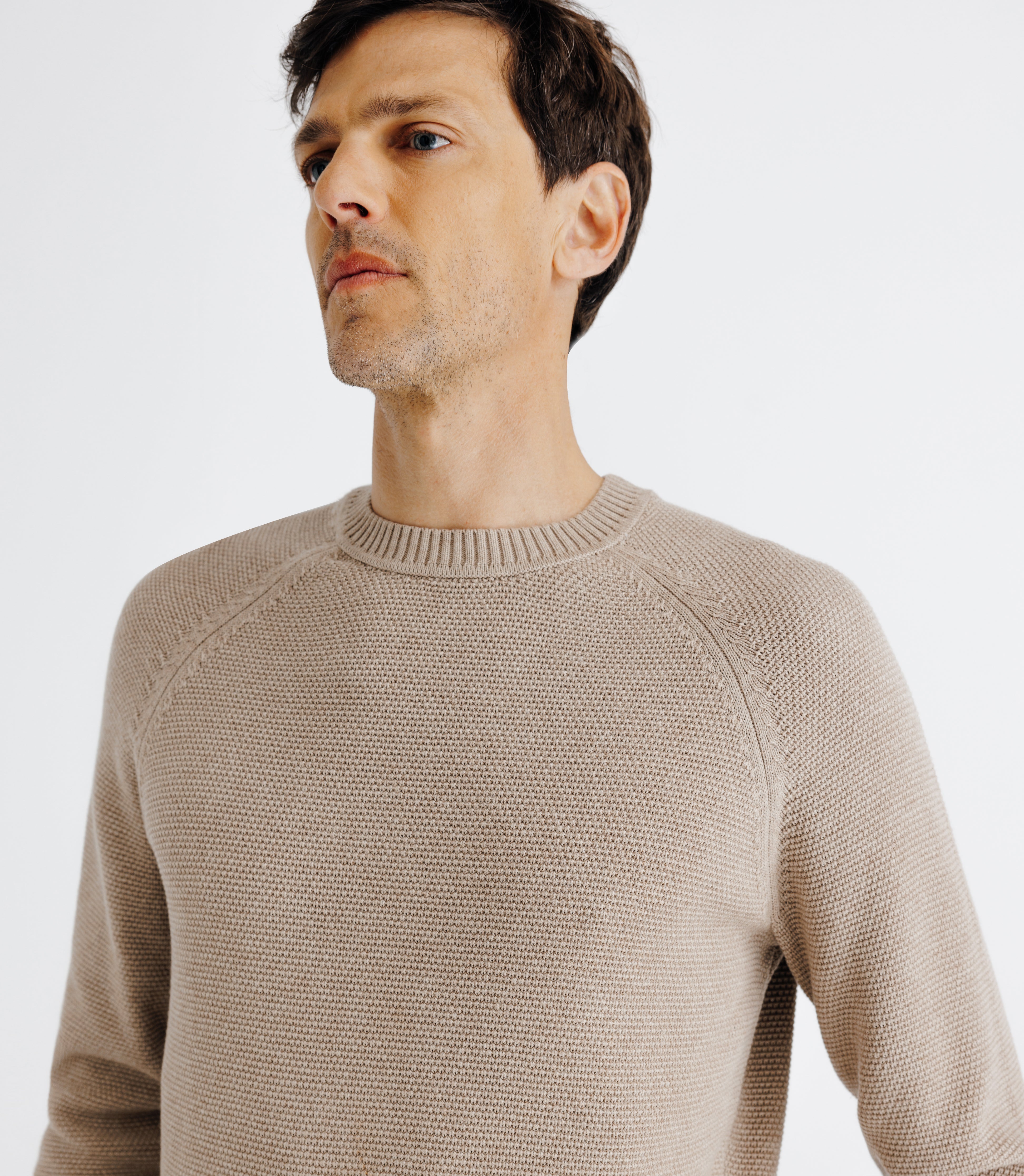 Pull col rond jeux de point beige - IZAC