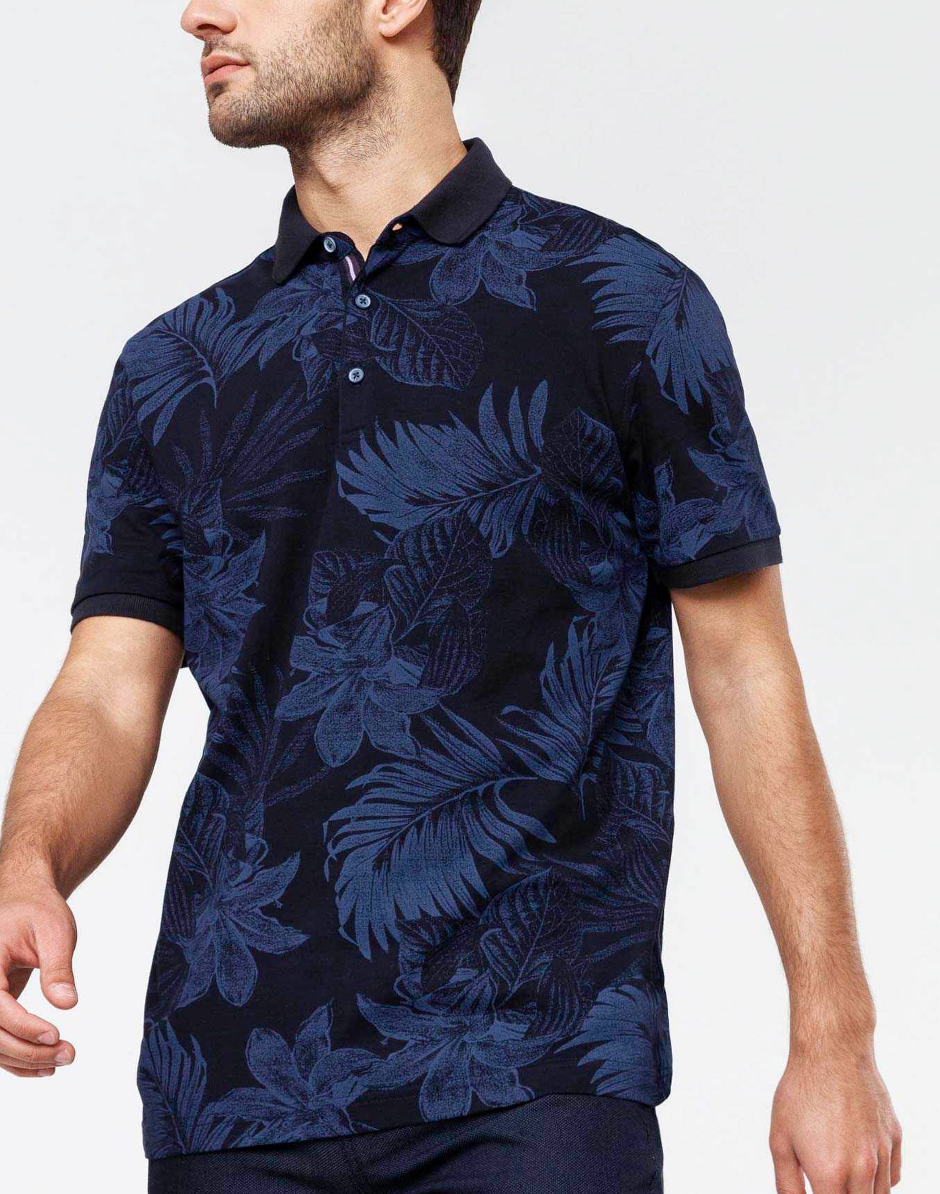 Navy polo shirt with tropical flowers