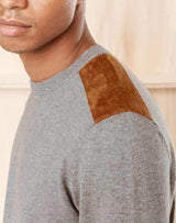 Grey sweater with camel elbow patches