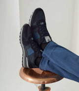 Emeric" leather and textile navy sneakers