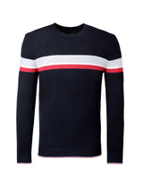 Navy sweater with sporty stripes